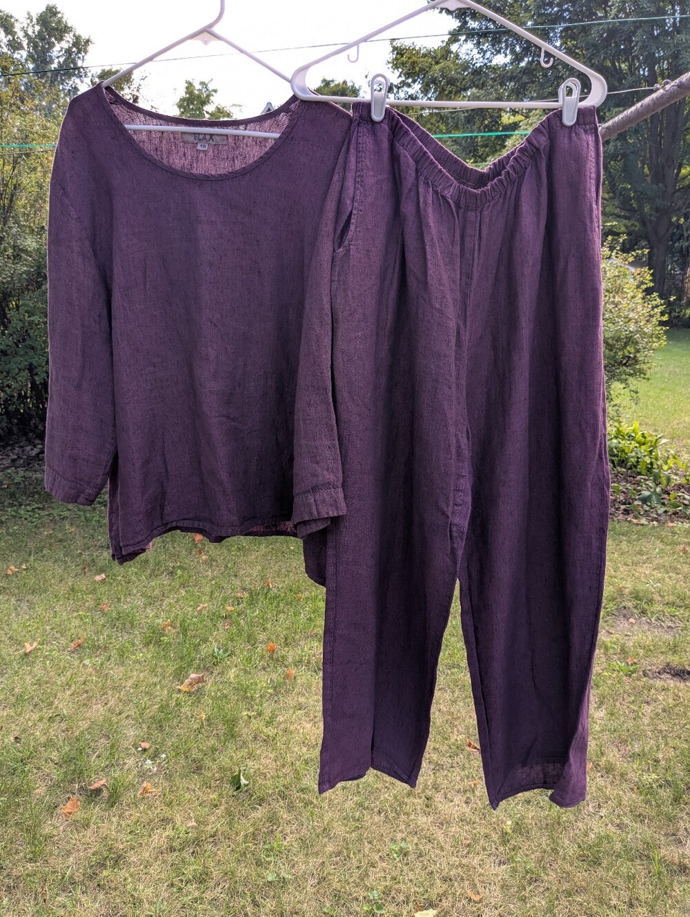 FLAX Linen Outfit - LS Top w/Flowy Pants, Color Sangria, Wmn Sz 1G(20-22), Nice!